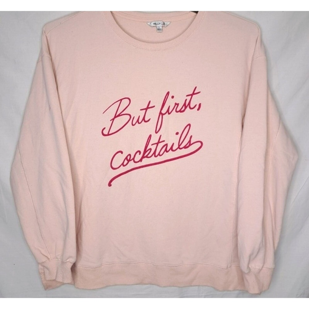 Wildfox Size Large Pink Pullover Relaxed Fit Sweatshirt But First Cocktails